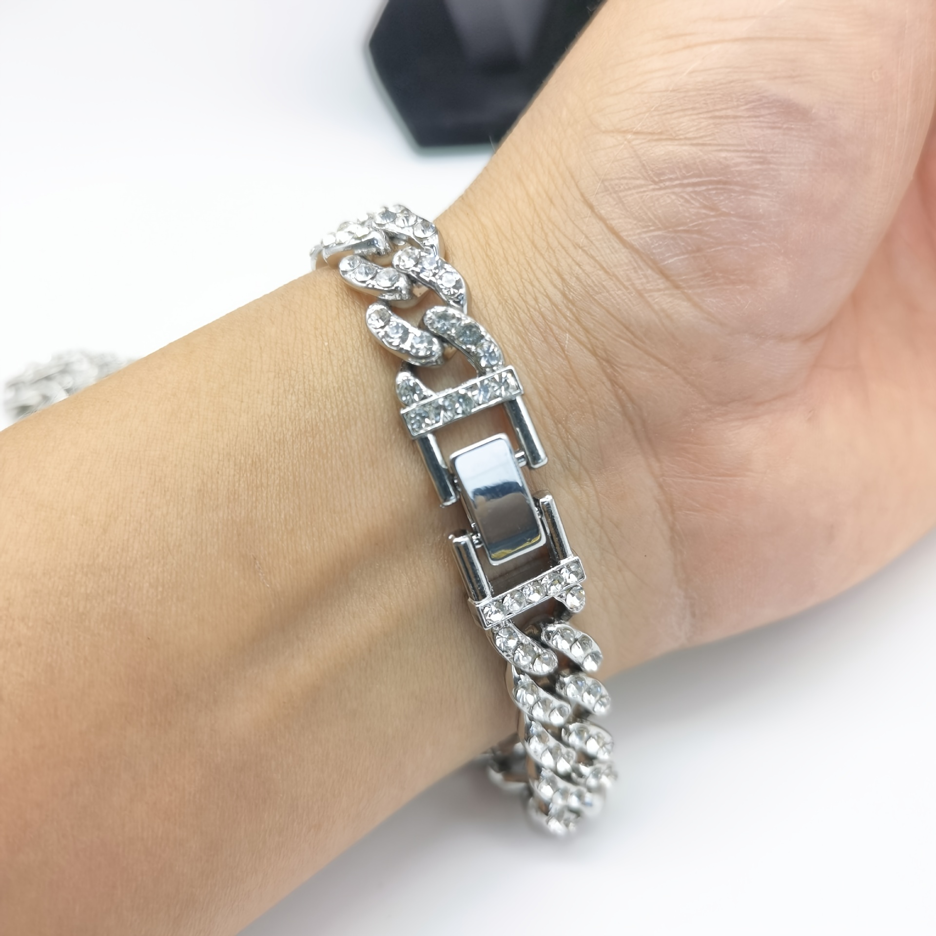 12mm Cuban Link Bracelet Silver Plated Rhinestone Hip Hop Jewelry